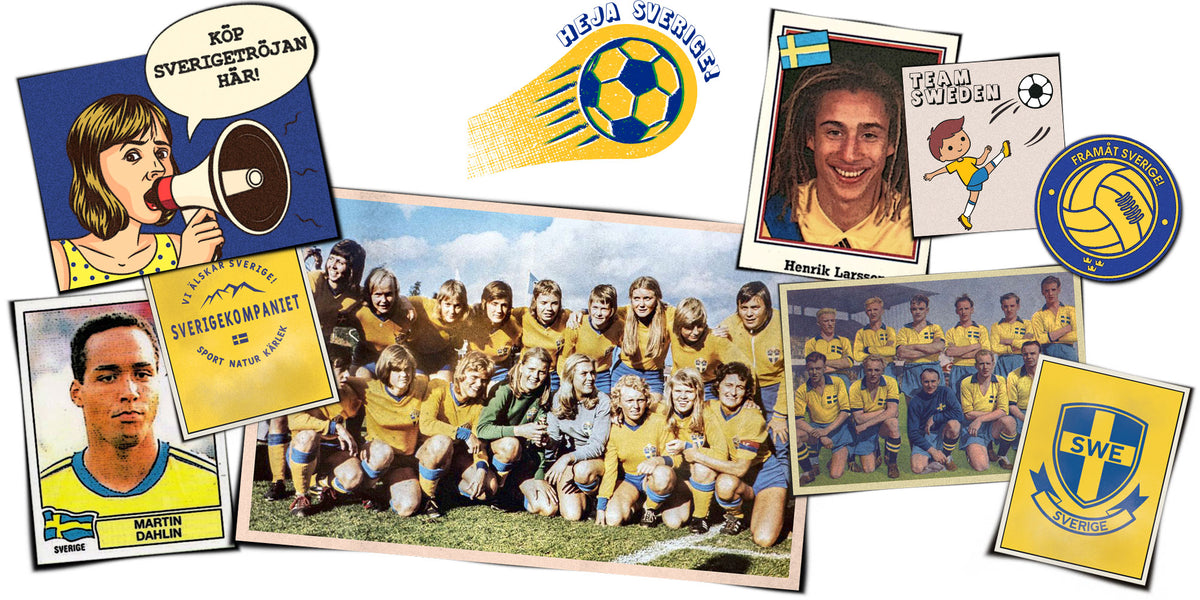 a collage of photos of iconic swedish football players. By clicking the image you will get to the collection of swedish sports products