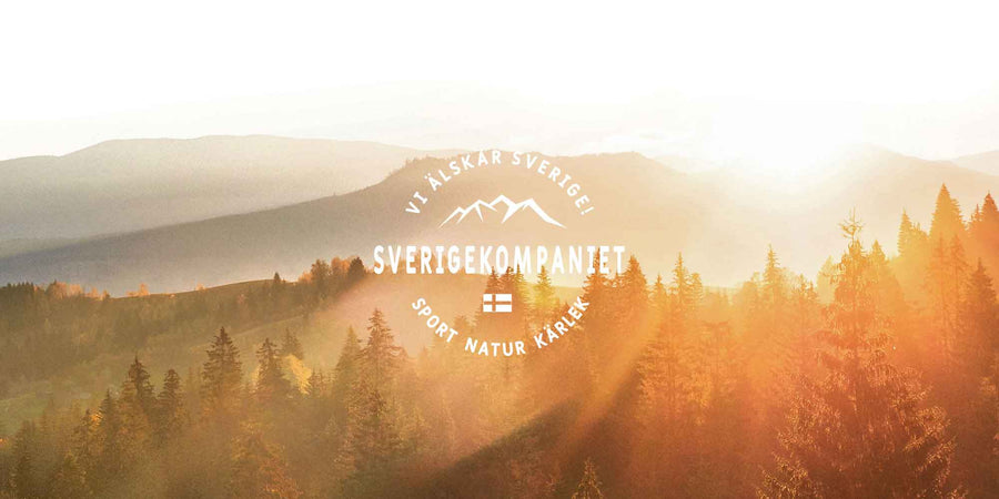 Bilden visar Sverigekompaniets logo i mitten och en solnedgång över en skog i Sverige
